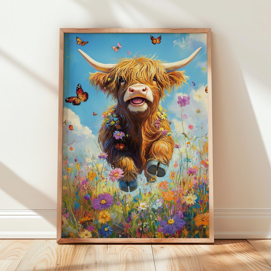Floral Highland Cow Art Print: Eclectic Farmhouse Animal Wall Decor ...