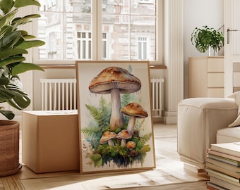 Whimsical Mushroom Print: Watercolor Toadstool Earthy Green Decor (Unframed)