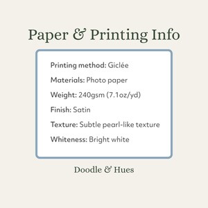 a list of information about paper and printing, including the printing method, materials, weight, finish, texture, whiteness, and the company's name, Doodle & Hues. The image is a single, unbroken unit, and there are no additional images or descriptions provided.