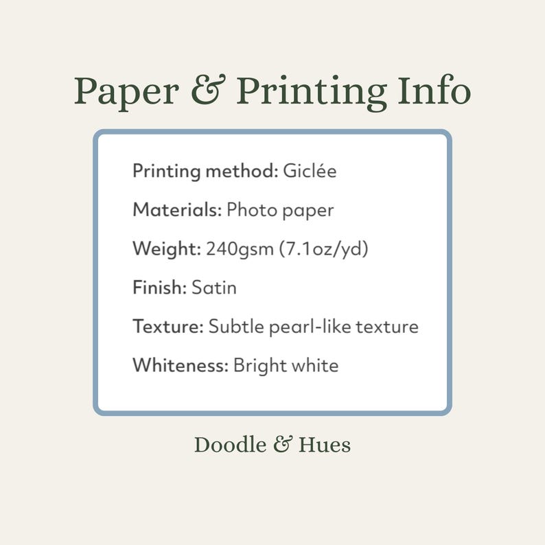 a list of information about paper and printing, including the printing method, materials, weight, finish, texture, whiteness, and the company's name, Doodle & Hues. The image is a single, unbroken unit, and there are no additional images or descriptions provided.