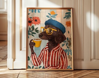 Impresión de perro tomando café: Arte ecléctico para pared de cocina, decoración floral para el hogar (sin marco)