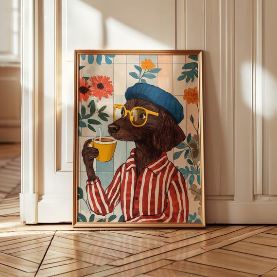 Dog Drinking Coffee Print: Eclectic Kitchen Wall Art Floral Home Decor (Unframed)