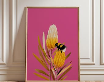 Pink Bumble Bee Art Print: Fun Vibrant Honeybee Painting Colourful Floral Home Decor (Unframed)