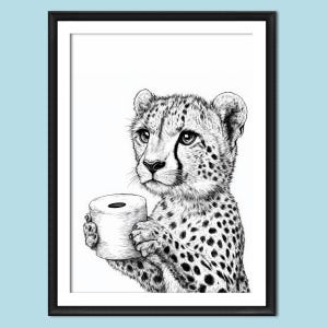 Arte de pared de guepardo: dibujo en blanco y negro, póster, impresiones para baño, lindo animal, rollo de papel higiénico sin marco, 5 x 7, A4, A3, A2