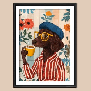 Dog Drinking Coffee Print: Eclectic Kitchen Wall Art Floral Home Decor (Unframed) image 5