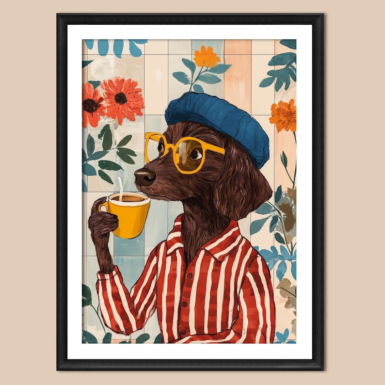 Dog Drinking Coffee Print: Eclectic Kitchen Wall Art Floral Home Decor (Unframed) image 5
