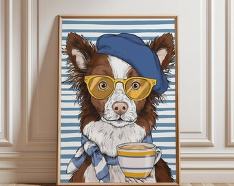 Dog Drinking Coffee Print: Blue Eclectic Kitchen Wall Art Maximalism Home Decor (Unframed)