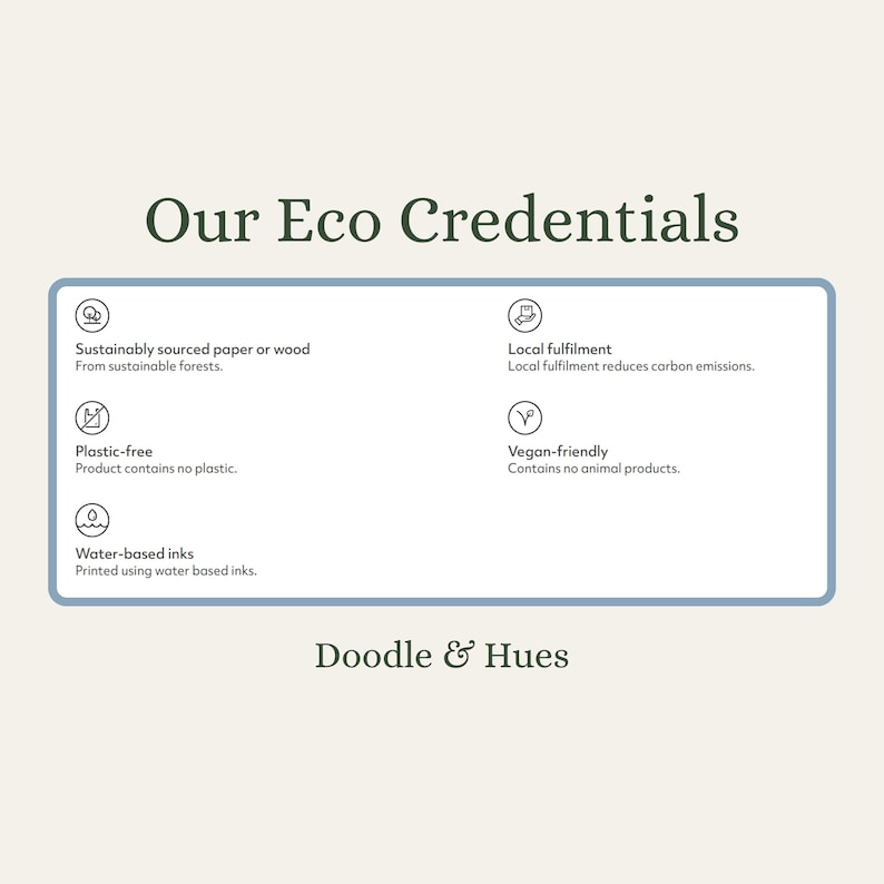 The image is a collection of images that are described as "Our Eco Credentials" and "Doodle & Hues".