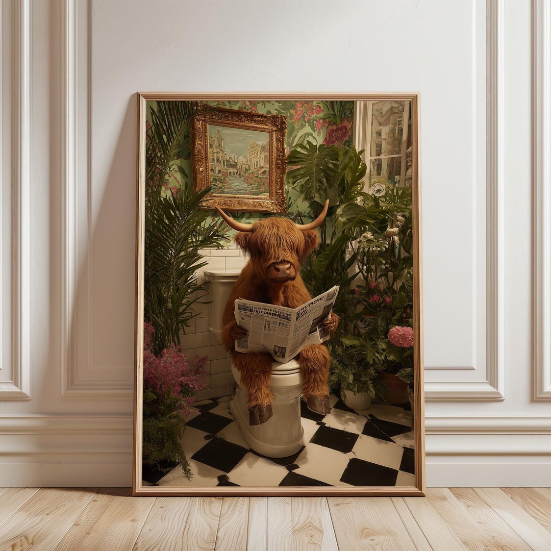 Highland Cow on Toilet Print: Eclectic Bathroom Wall Art Floral Animal ...