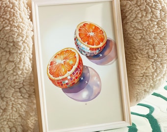 Disco Ball Orange Print: Eclectic Kitchen Wall Art Fruit Home Decor (Unframed)