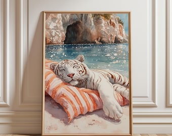 Impresión de tigre durmiendo: arte ecléctico de pared con animales en tonos pastel playeros (sin marco)