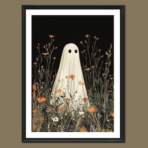 Impresión floral fantasma - Pintura espeluznante Arte de pared de flores silvestres negras Decoración del hogar Póster de Halloween moderno Obra de arte de Halloween sin marco 5x7 A4 A3 A2