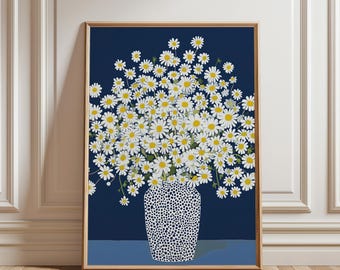 Daisies Print: Maximalist Floral Vase Wall Art Flower Blue Home Decor (Unframed)