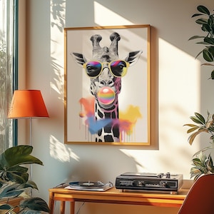 Giraffe Blowing Bubble Gum Print: Trendy Animal Watercolor Wall Art Colourful Home Decor (Unframed)