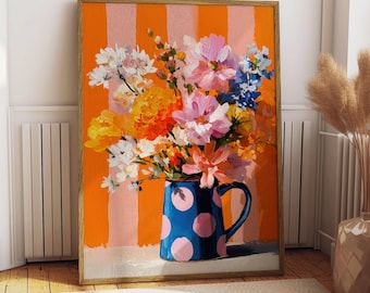 Flower Vase Art Print: Orange and Pink Wall Decor Colourful Floral Poster Painting (Unframed)