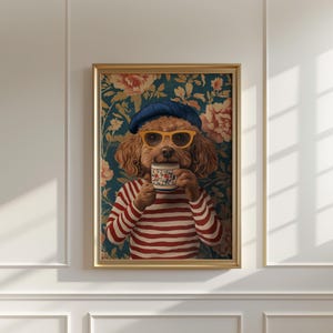 Dog Drinking Coffee Wall Art: Bold Floral Vintage Decor (Unframed) image 3