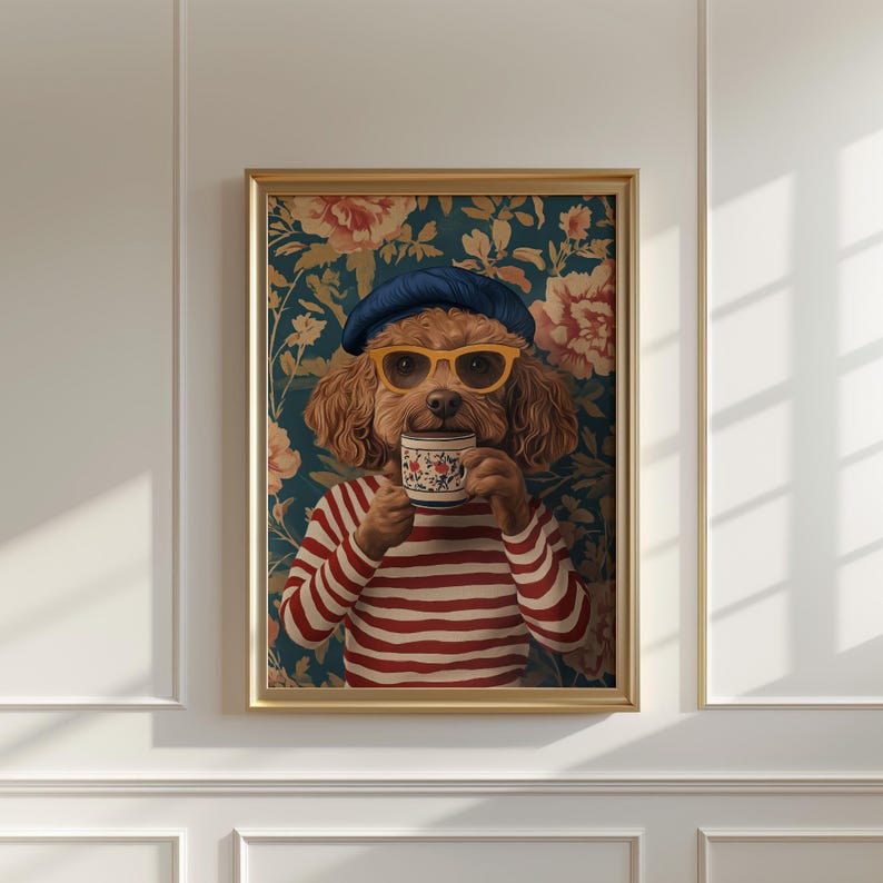 Dog Drinking Coffee Wall Art: Bold Floral Vintage Decor (Unframed) image 3