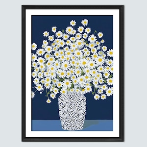 Impresión de flores azules: póster de margaritas en un jarrón, arte de pared minimalista sencillo, decoración floral para el hogar, obra de arte moderna sin marco, 5x7 A4 A3 A2