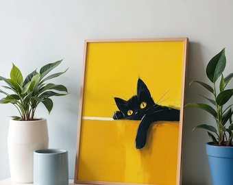 Black Cat Art Print: Modern Yellow Kitchen Decor (Unframed)