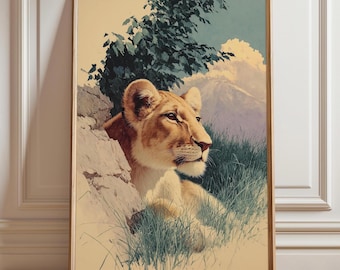 Lioness Art Print: African Lion Safari Animal Landscape Neutral Home Decor (Unframed)