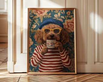 Dog Drinking Coffee Wall Art: Bold Floral Vintage Decor (Unframed)