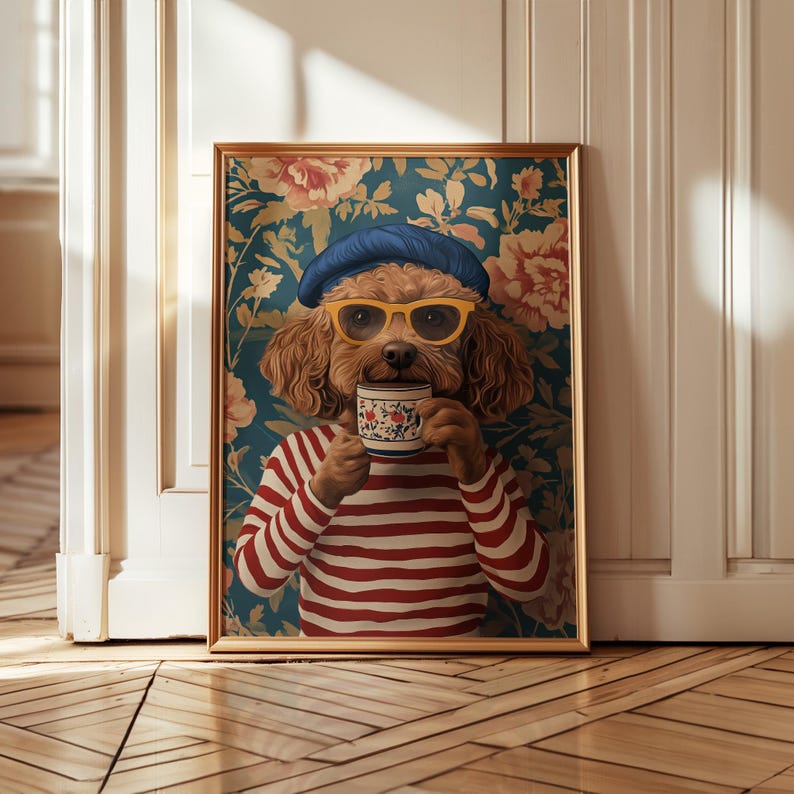 May include: A digital painting of a dog wearing a blue beret, yellow sunglasses, and a red and white striped shirt, holding a cup of coffee. The dog is set against a background of blue and green floral wallpaper.