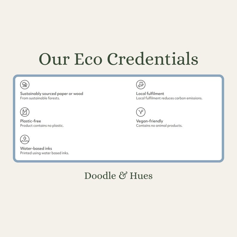 The image is a collection of images that are described as "Our Eco Credentials" and "Doodle & Hues".