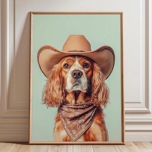 Konsttryck med cowboyspaniel: Eklektiska gröna vibbar för heminredning (orammat)