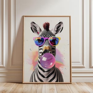 Zebra Bubble Gum Print: Colorful Wildlife Art, Trendy Home Decor (Unframed)