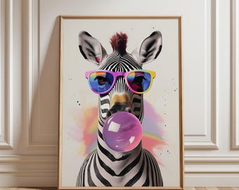 Zebra Bubble Gum Print: Colorful Wildlife Art, Trendy Home Decor (Unframed)