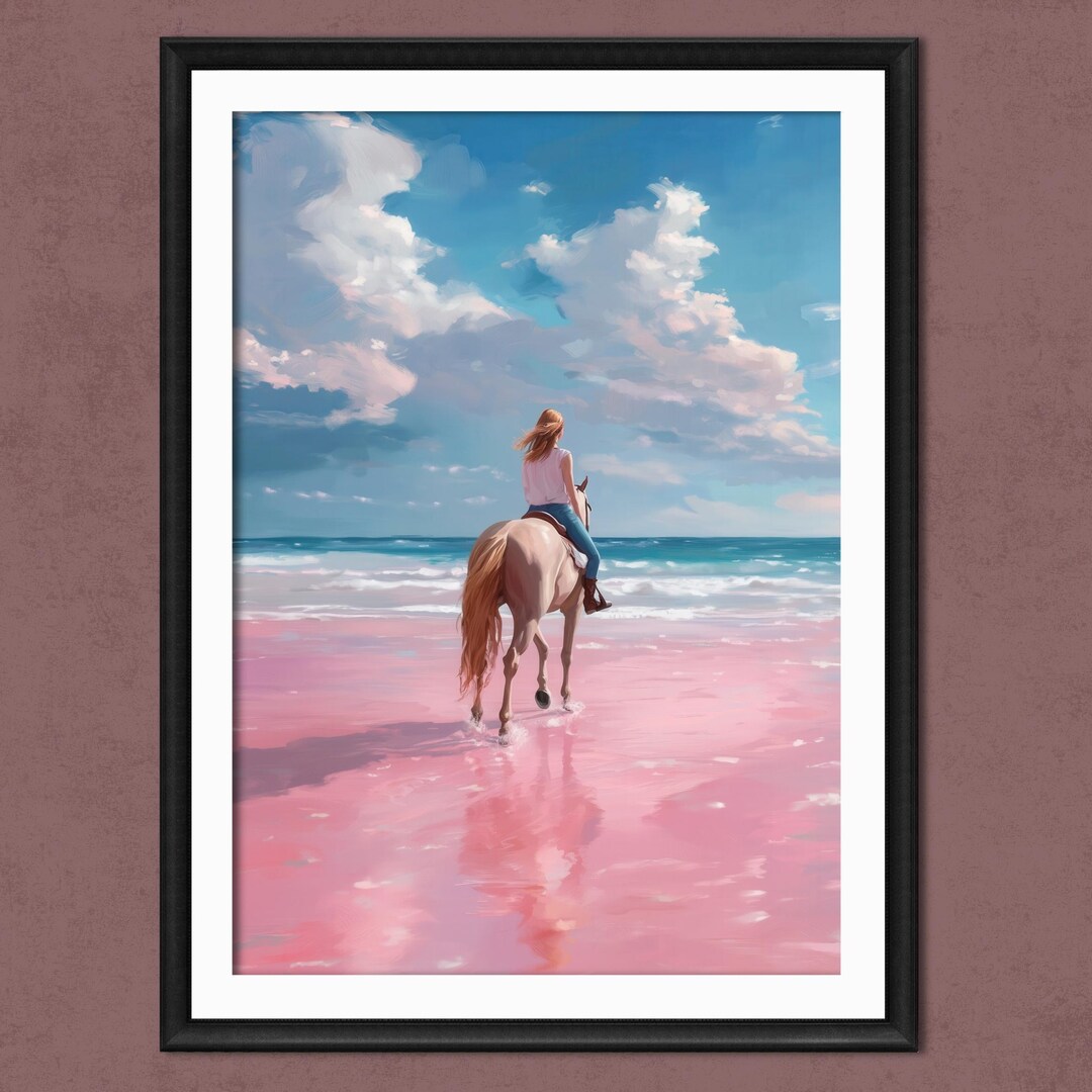 Horse Riding Art Print - Horse on a Beach Wall Decor Eclectic Soft Pink ...