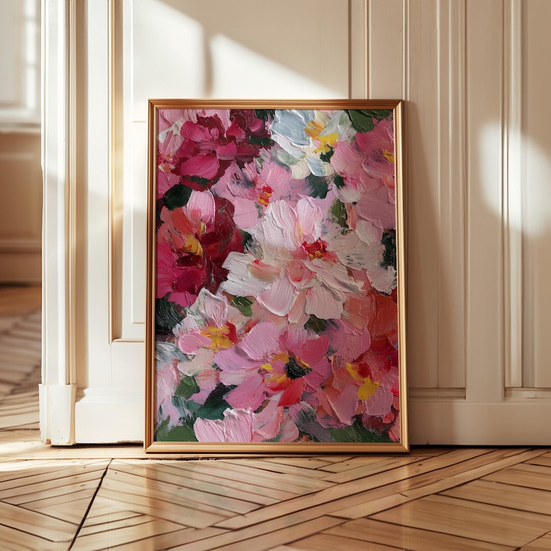 Textured Pink Floral Oil Painting Print: Botanical Abstract Wall Art ...