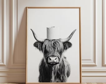 Highland Cow Toilet Roll Print: Funny Black and White Farm Animal Wall Art (Unframed)