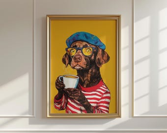 Dog Drinking Coffee Print: Eclectic Kitchen & Dining Room Wall Art Yellow Home Decor (Unframed)