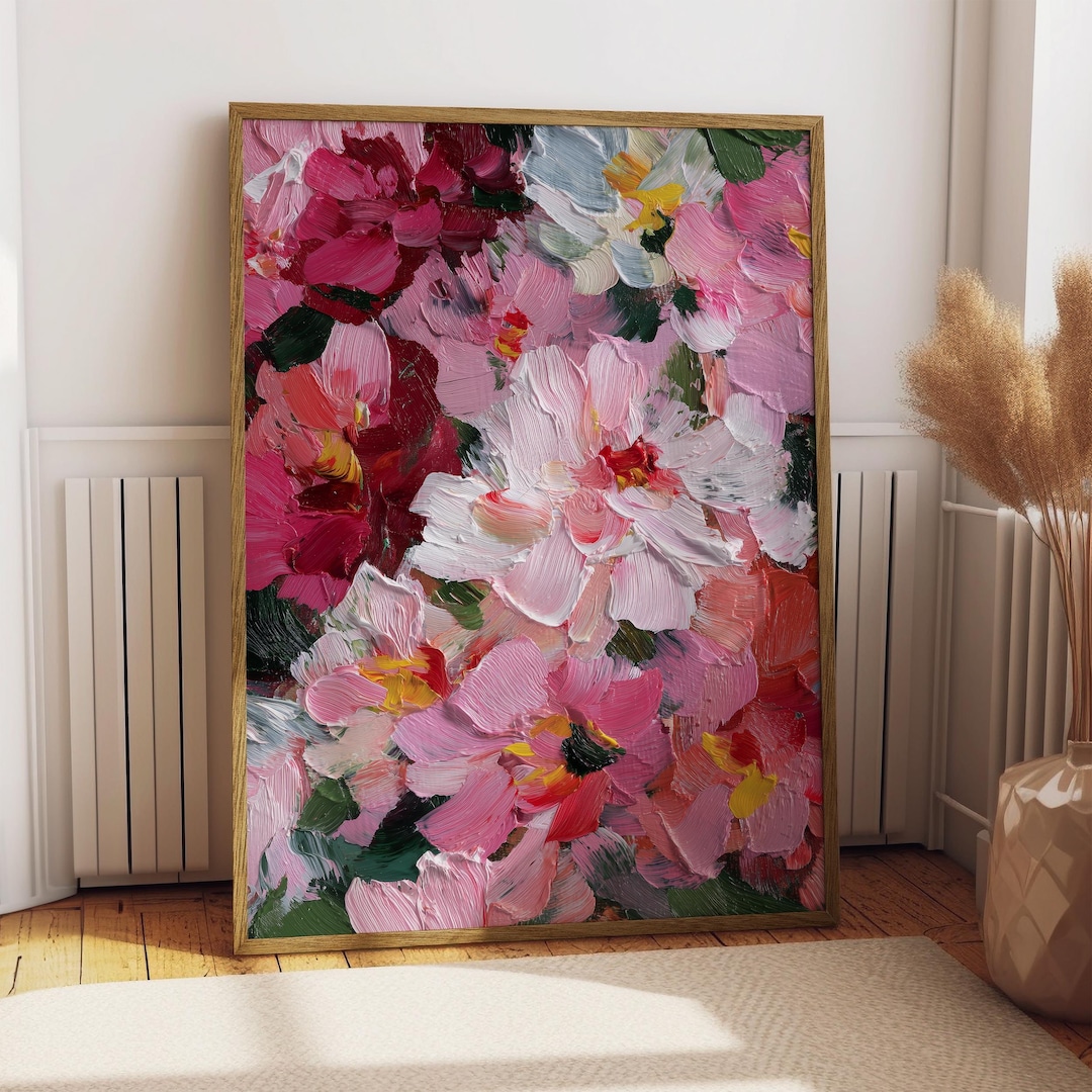 Textured Pink Floral Oil Painting Print: Botanical Abstract Wall Art ...