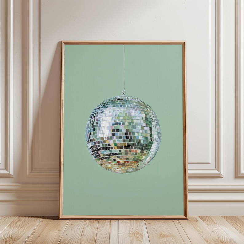 Wydruk artystyczny „Disco Ball”: pastelowa szałwiowa zieleń, dekoracja domu (bez ramki) zdjęcie 1