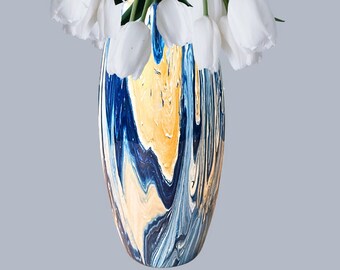 Abstract Elegant Glass Vase with Pouring Paint Design & Resin Finish Gift For Her Home Decor Flower Vase