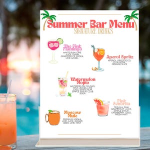 Modèle de menu de bar d'été | signe de boisson tropicale | PDF modifiable Canva | Fête à la piscine et carte de cocktails signature
