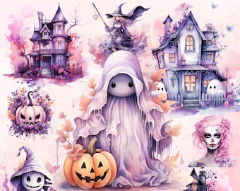 30 pastel halloween clipart,watercolor halloween,pastel halloween,girly halloween,pink halloween PNG,cute little ghost,pink pumpkin,