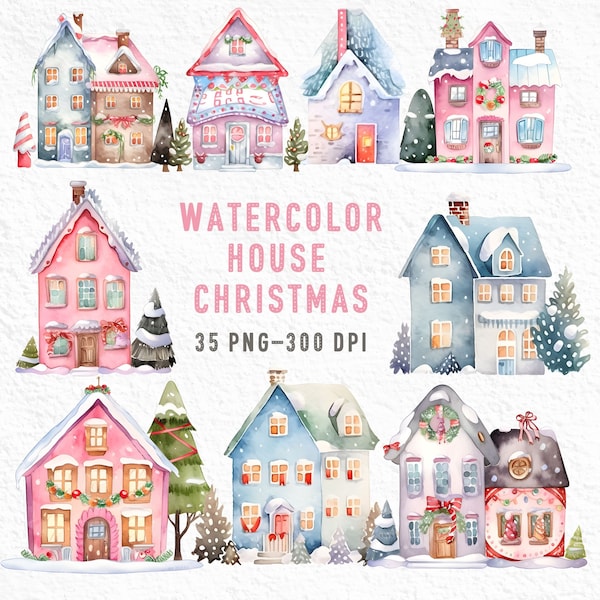 Watercolor Christmas House Clipart, Festive Winter Gingerbread Houses,watercolor christmas png,Commerical Use Transparent PNGs,