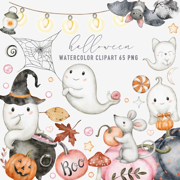 Pastel halloween clipart,Watercolor halloween clipart,watercolor ghosts,witch hat broom,watercolor skeletons,cute little ghost