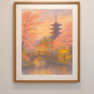 Kyoto Wall Art Printable | Dreamy Watercolor Japan Cherry Blossom Scene | Sunset Digital Download | Zen Travel Decor