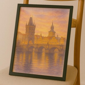 Prague Wall Art Printable | Dreamy Watercolor Charles Bridge Scene | Prague Sunset Digital Download | Travel Decor