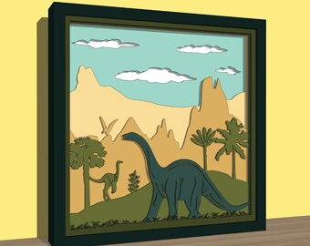 Jurassic scene Brachiosaurus dinosaur shadow box svg , 3d Cardstock shadowbox colorful papercut template