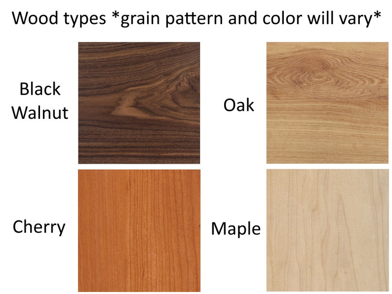 Peut inclure: &Eacute;chantillons de bois montrant les motifs de grain du noyer noir, du ch&ecirc;ne, du cerisier et de l'&eacute;rable. Le texte "Types de bois *le motif du grain et la couleur peuvent varier*" est en haut de l'image.
