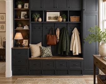 May include: A large, dark charcoal mudroom storage unit featuring a built-in bench with four drawers, overhead cabinets, open shelving, and a tall side locker. The unit includes coat hooks, a wooden seat, and decorative accents like pillows.