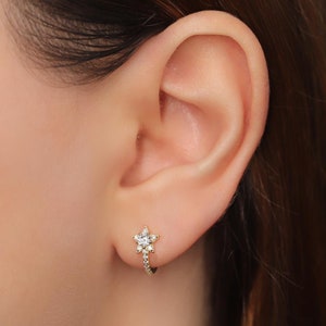 Star Charm Huggie Hoop Earrings, 925 Sterling Silver Sparkling Star Huggie Hoop Earrings, Tiny Pave Starburst Huggie Hoop with CZ Diamonds