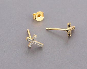 Gold Cross Stud Earrings, Dainty CZ Pave Cross Earrings, Sterling Silver Minimalist Tiny Cross Studs, Religious Jewelry Gift