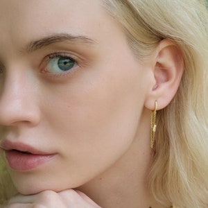 Petites créoles pendantes avec breloques diamant baguette, boucles d'oreilles pendantes longues chaîne, créoles en argent sterling à double pampille