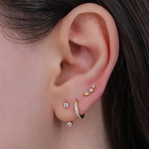 Earrings Stacking Set, Sterling Silver Curated Earrings Set: Ear Jacket, Huggie Hoop, Threadless Push Pin Labret Climber Stud with Flat Back
